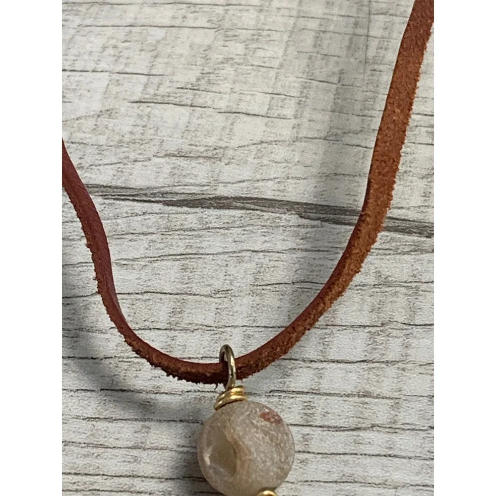 Grace Leather Cord Necklace Gold Tone Marquise Stone Bead Boho 30 Inch